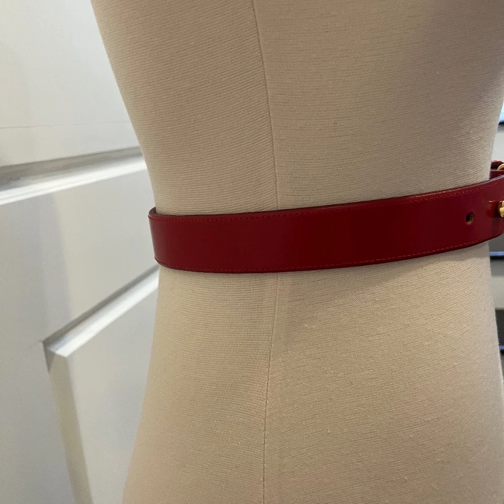 Red Patent Leather Belt with Gold Buckle - Women Accessories
